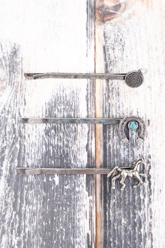 3 PIECE TURQUOISE HORSE TIME HAIR PIN SET