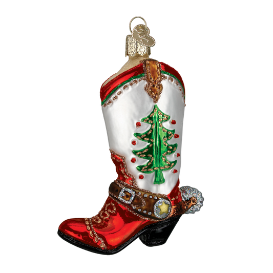 Christmas Cowboy Boot Glass Ornament, 4 1/8"