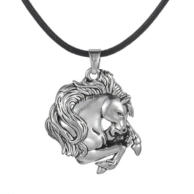 Vintage Silver Plated Horse Pendant with Leather Cord