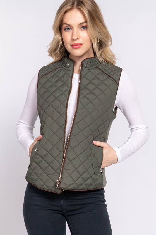 Suede Piping Detail Side Rib Quilted Padding Vest