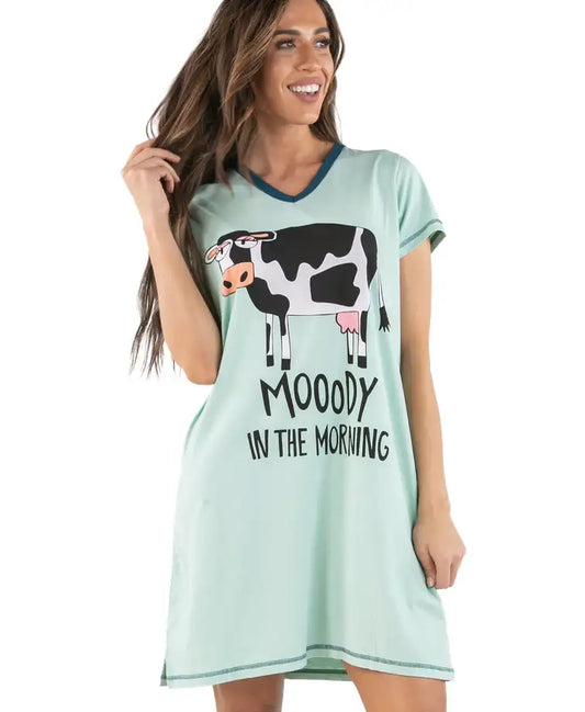 Lazy One MOOODY In The Morning Women's Cow V-neck Nightshirt