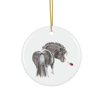 Adorable Chubby Ponies Holiday Ornament: Adorable Little Casanova - Black and White Paint Pony with Rose