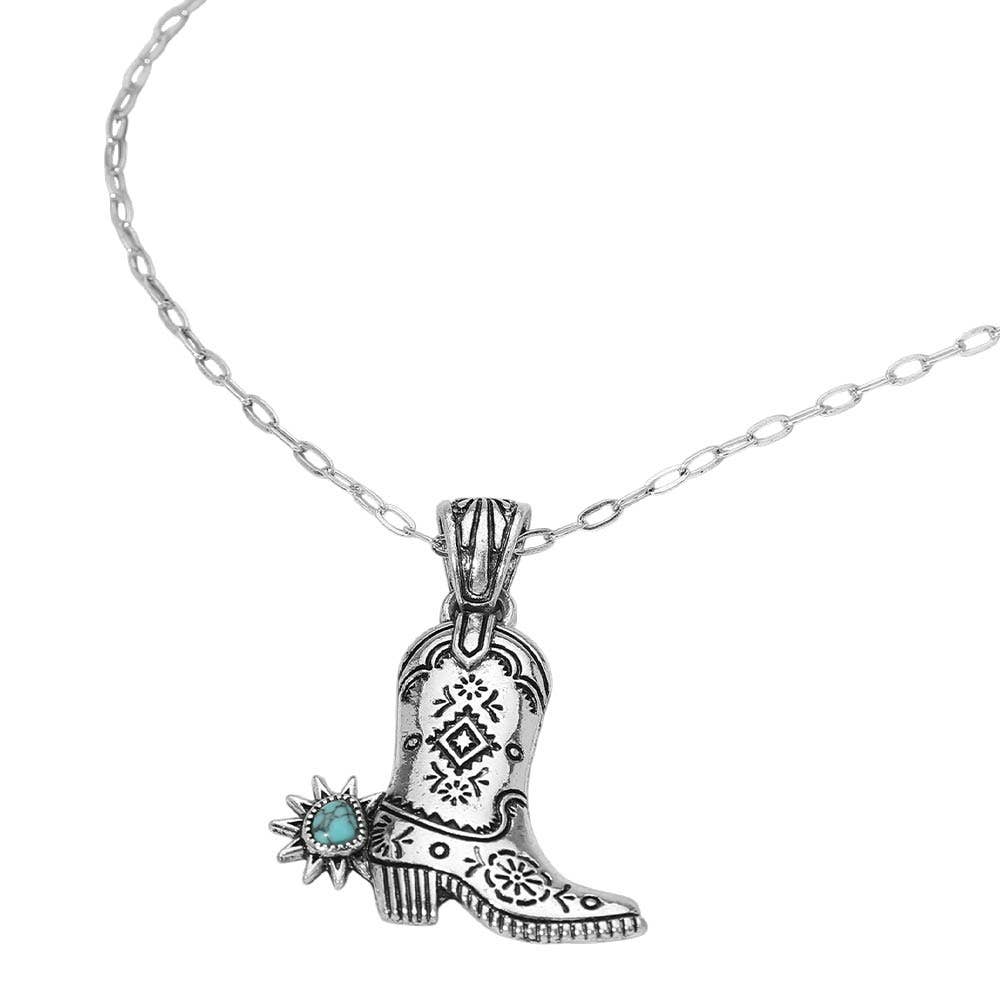 Turquoise Stone Accent Western Cowboy Boot Pendant Necklace