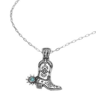 Turquoise Stone Accent Western Cowboy Boot Pendant Necklace
