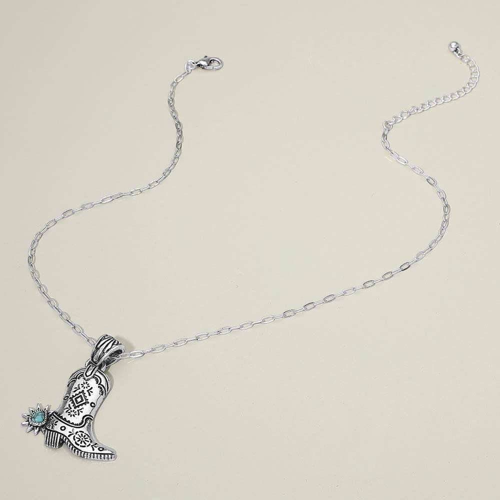 Turquoise Stone Accent Western Cowboy Boot Pendant Necklace