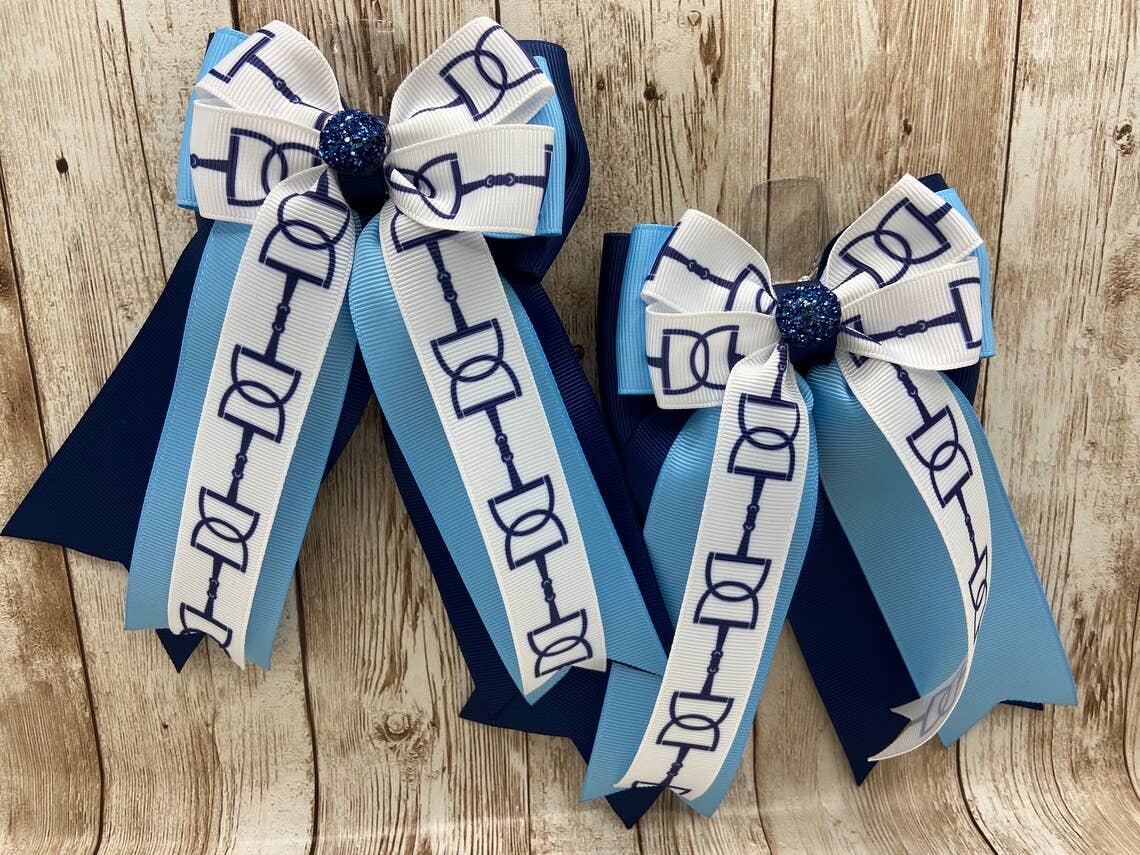 Horse Show Bows - White with Navy Bits on Light Blue & Navy