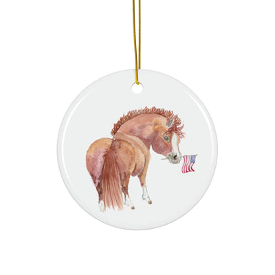 Adorable Chubby Ponies Holiday Ornament: Adorable Little Miss Independent - Chestnut Pony with Flag