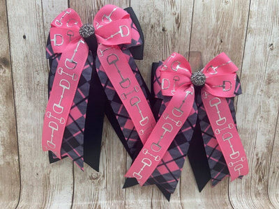 Horse Show Bows - Hot Pink Bits on Pink & Black Argyle Plaid