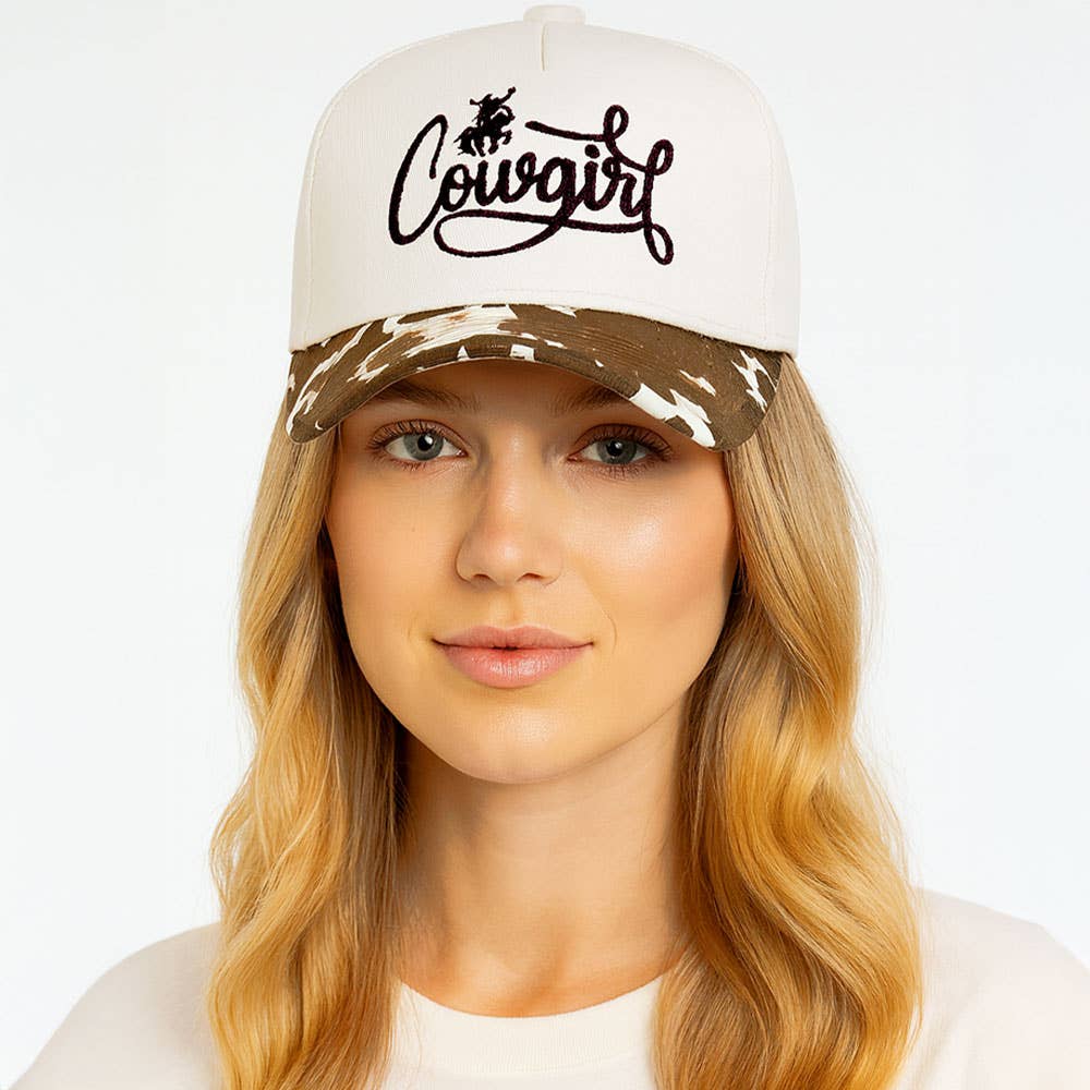 Animal Pattern Brim COWGIRL Message Embroidered Five Panel Canvas Baseball Cap: Black
