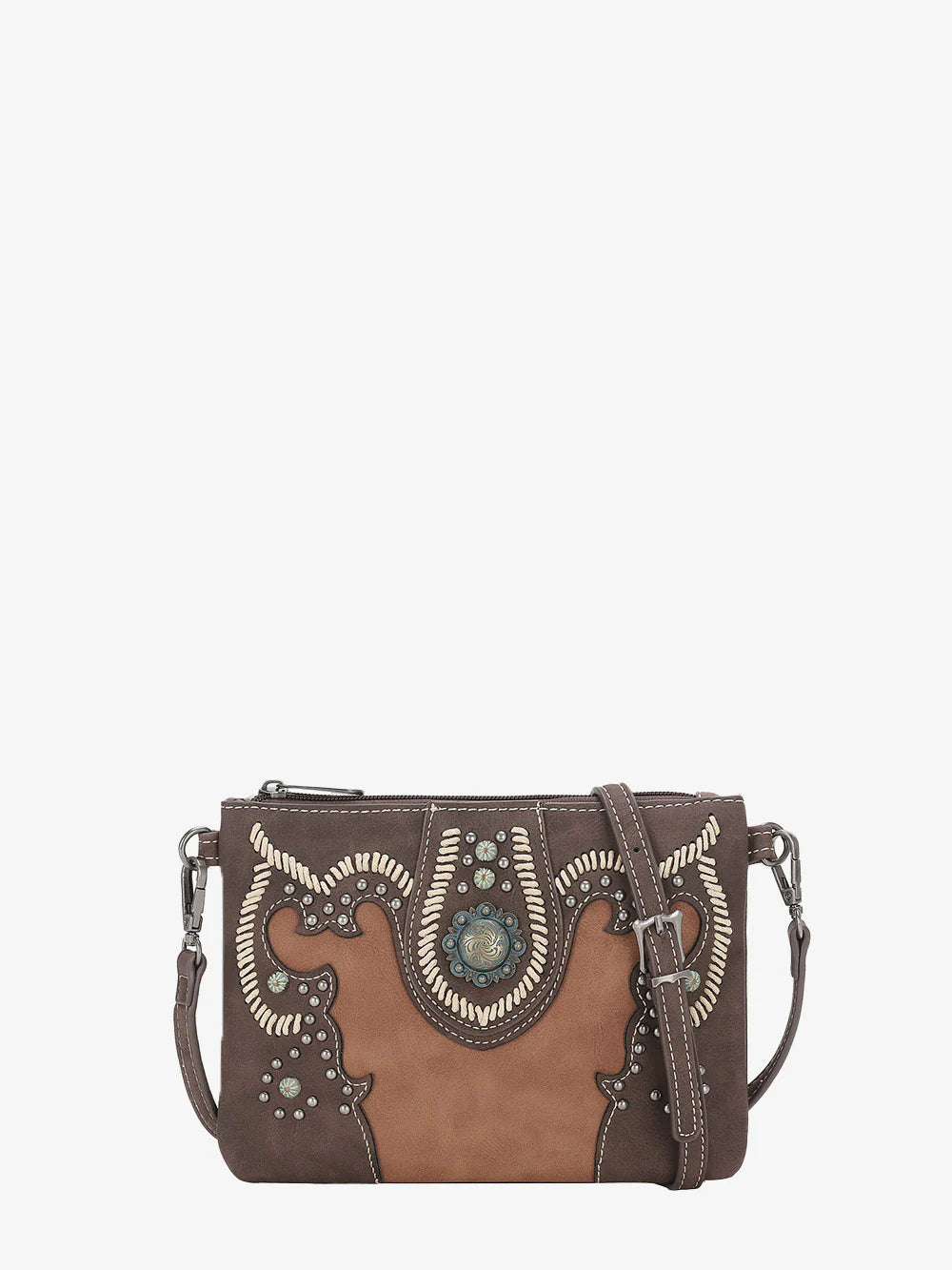 Montana West Embroidered Cut-Out Boot Scroll Concho Crossbody Clutch