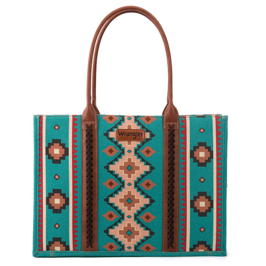 Wrangler Southwestern Pattern Dual Sided Print Canvas Wide Tote Turquoise
