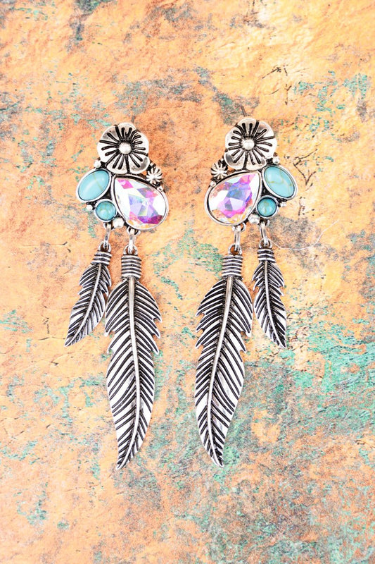 TURQUOISE SHADY BANK SILVERTONE FEATHER EARRINGS
