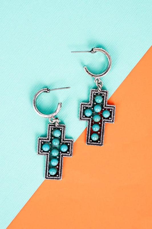 TURQUOISE COCHINO CROSS HOOP EARRINGS