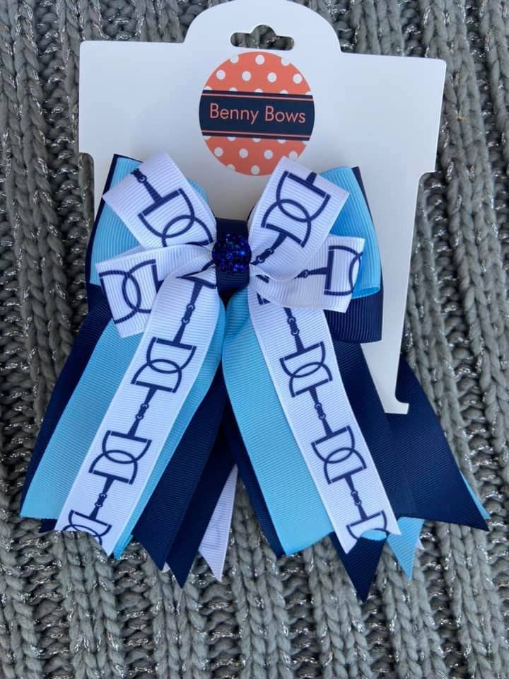 Horse Show Bows - White with Navy Bits on Light Blue & Navy