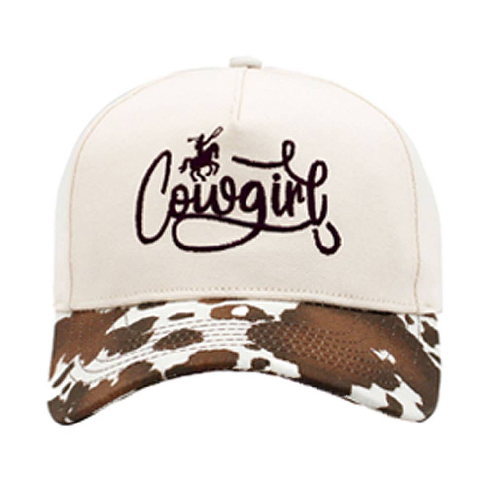 Animal Pattern Brim COWGIRL Message Embroidered Five Panel Canvas Baseball Cap: Black
