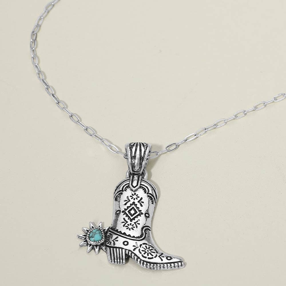 Turquoise Stone Accent Western Cowboy Boot Pendant Necklace