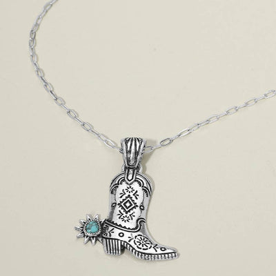Turquoise Stone Accent Western Cowboy Boot Pendant Necklace