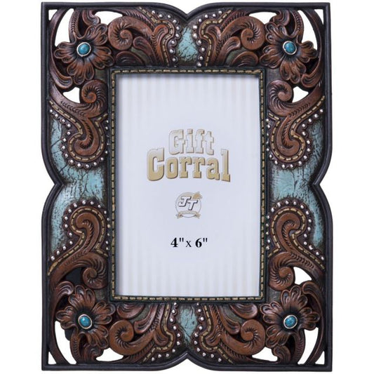 FLORAL LEATHER PICTURE FRAME WITH TURQUOISE