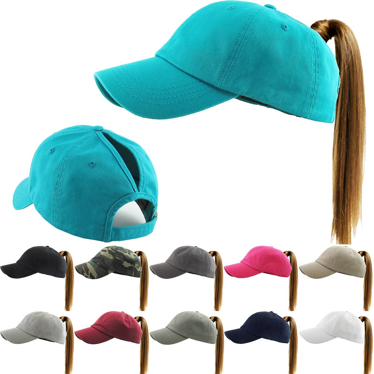 Classic Smooth Cotton Ponytail Ballcap: Turquoise