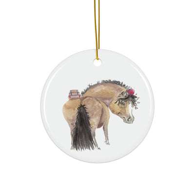 Adorable Chubby Ponies Holiday Ornament: Adorable Little Teacher's Pet - Bay Pony with Apple