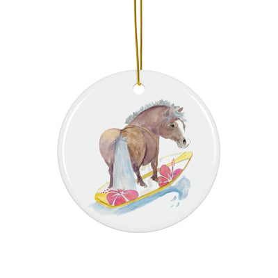 Adorable Chubby Ponies Holiday Ornament: Adorable Little Surfer - Palomino Pony on Surfboard