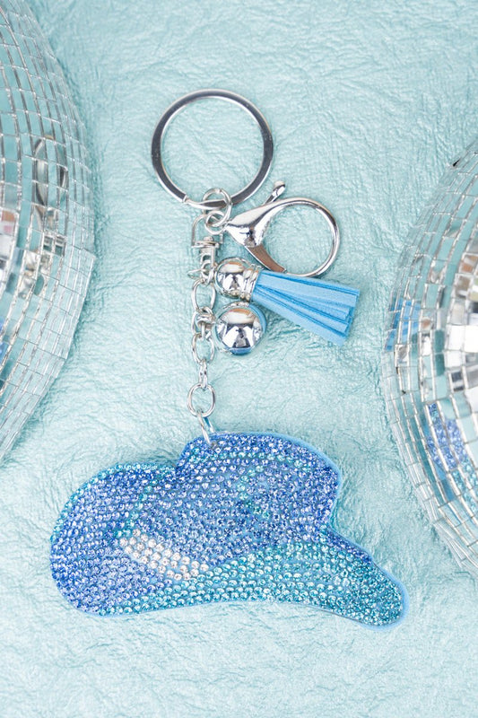 CRYSTAL AVENUE CRYSTAL ENCRUSTED AQUA AND BLUE COWBOY HAT KEYCHAIN