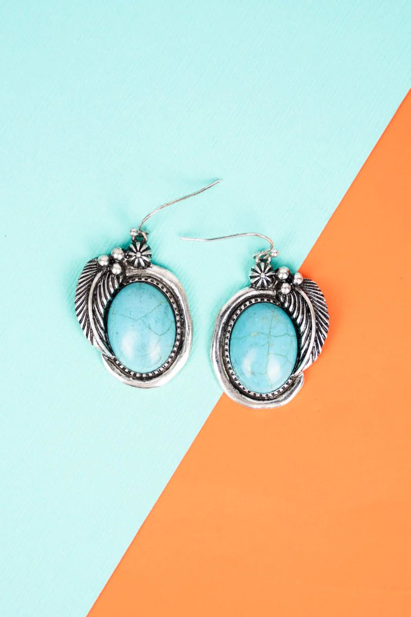 PHOENIX FEATHER FRAMED TURQUOISE STONE EARRINGS