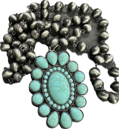 Onyx Beads with Turquoise Flower Pendant Necklace - 32"