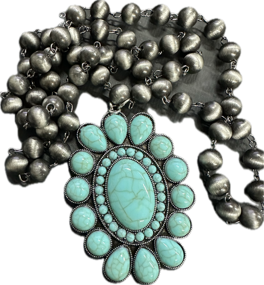 32" ONYX COLORED BEADS WITH FLOWER TURQUOISE PENDANT