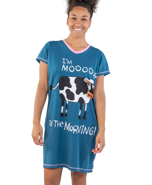 Lazy One Moooody In The Morning Women's Cow V-neck Nightshirt (C)