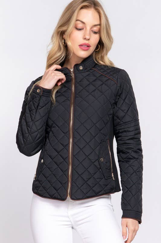 Suede Piping Detail Side Rib Quilted Padding Jacket